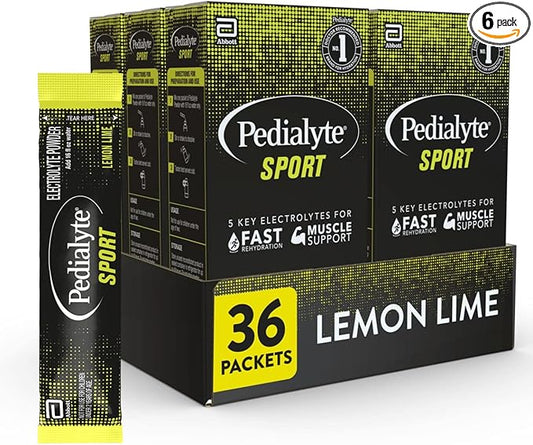 Pedialyte Sport Electrolyte Powder, Fast Hydration with 5 Key Electrolytes for Muscle Support Before, During, & After Exercise, Lemon Lime, 0.49-oz Packets (36 Count)