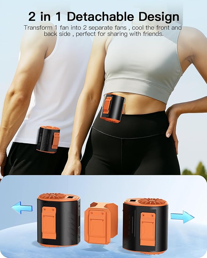 Andwing Portable Waist Fan Rechargeable, Detachable Dual Motors Personal Fans 5 Speeds 20000RPM Strong Airflow, 10000mAh 24H Runtime, Portable Neck Fan, Waist Belt Clip Fan (Black&Orange)