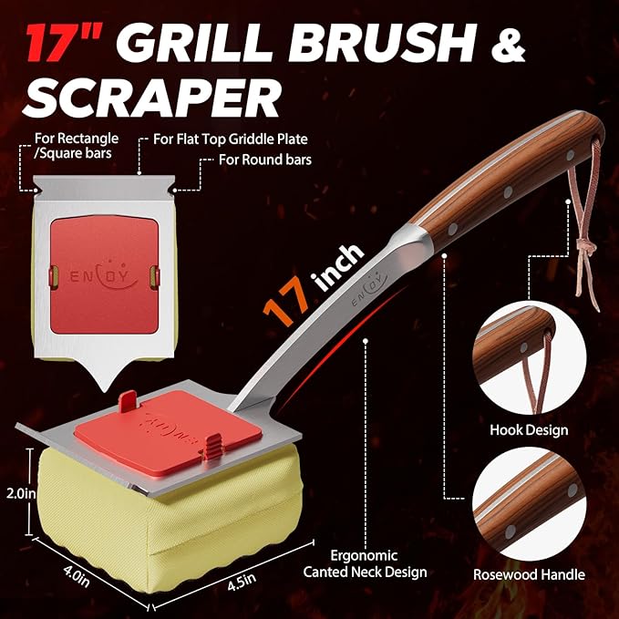 ENLOY Grill Brush Bristle Free, 17" Grill Brush for Outdoor Grill, Steam Cleaning Grill Brush with Extended Rosewood Handle and Replacement Brush Head, Safe Barbecue Brush with Scraper for Most Grills