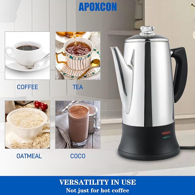 Electric Coffee Percolator Stainless Steel Coffee Maker with Heat Resistant Tough Glass Clear Brew Progress Knob, Keep Warm & Cordless Serving Classic Coffee Pot with On/OFF Switch 12 Cup