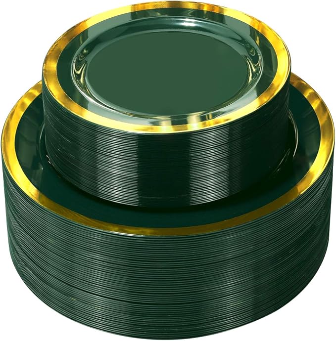 Nervure 102PCS Green Plastic Plates - Disposable Emerald Green Party Plate Include 51PCS 10.25inch Dinner Plates & 51PCS 7.5inch Dessert Plate for Wedding & Party