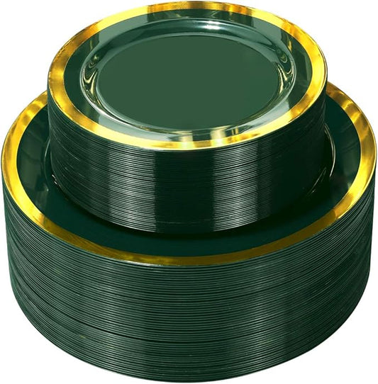 Nervure 102PCS Green Plastic Plates - Disposable Emerald Green Party Plate Include 51PCS 10.25inch Dinner Plates & 51PCS 7.5inch Dessert Plate for Wedding & Party
