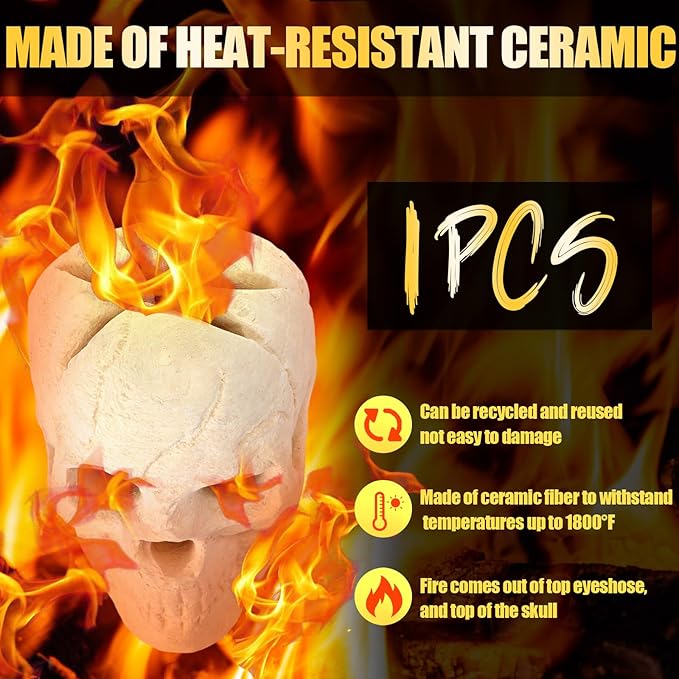 1 Pack Fire Pit Skulls 8.7 Inch Halloween Imitated Human Ceramic Firepit Head Fireproof Skulls Bonfire Accessories Fake Logs Halloween Decor for Gas Campfire Fireplace Wood Fires (White)