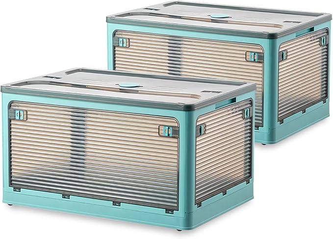 2 Pack Plastic 4 Doors Collapsible Storage Bins with Lid & Wheels, 50 Liters Folding Storage Bins, Stackable Multifunctional Box for Camping Clothes Snack Storage