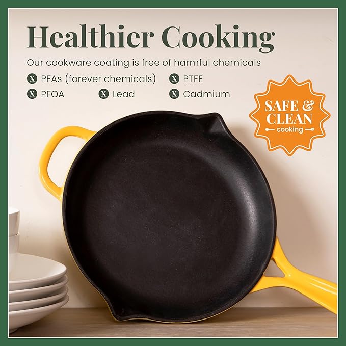 Larder & Vine Enameled Cast Iron Skillet | 10.25 in Cast Iron Pan | Saute Pan with Pour Spouts | Enamel Coated Skillet | Compatible on All Cooktops & Oven Safe to 500F | Limoncello