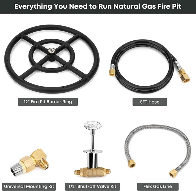 Stanbroil Natural Gas Fire Pit Burner Ring Installation Kit, Black Steel, 12-inch
