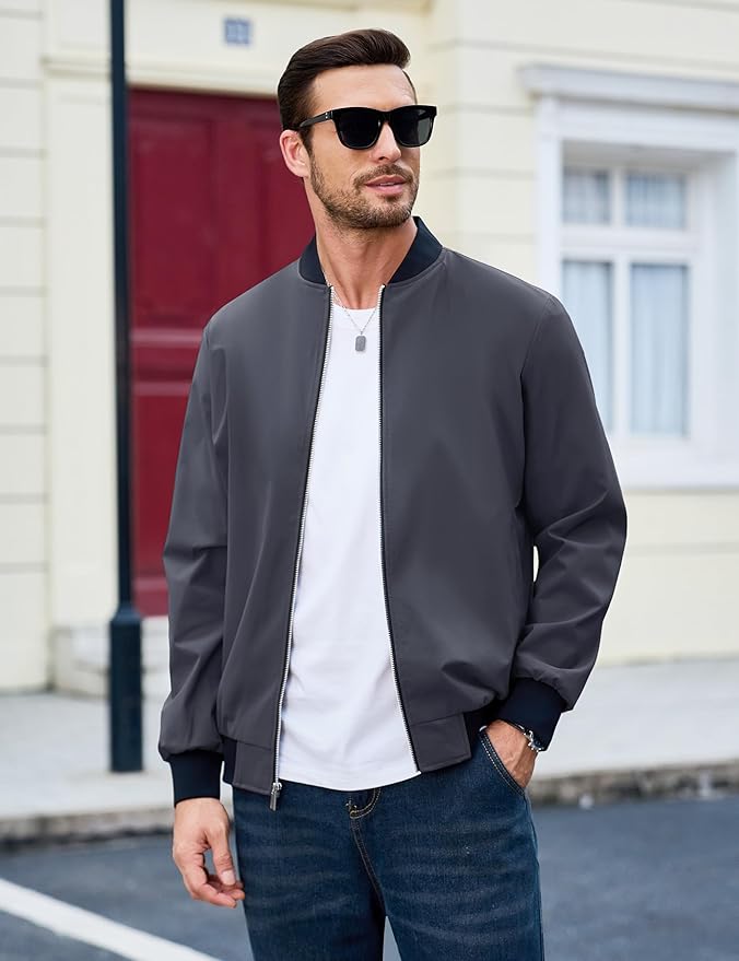 MAGCOMSEN Men's Bomber Jacket Lightweight Casual Zip Up Windbreaker Spring Fall Golf Coat with Pockets