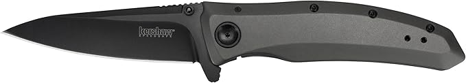 Kershaw Grid Pocketknife, 3.7" 8Cr13MoV Steel Drop Point Plain Edge Blade, Assisted One-Handed Flipper or Thumb Stud Opening, Frame Lock EDC,Grey/Black