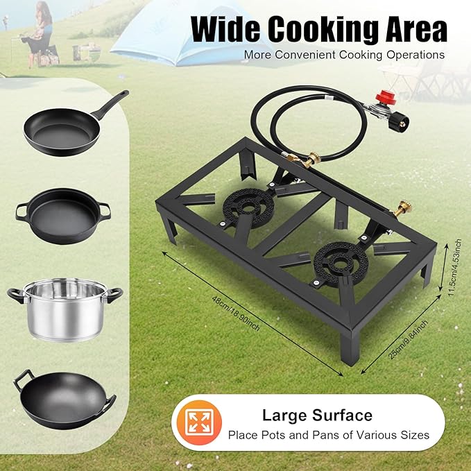 Double Burner Gas Stove, 8000W Portable Outdoor Propane Stove with Adjustable 0-10Psi Regulator Hose for Patio Camping, BBQ, Home Brewing, Turkey Fry, Maple Syrup Prep