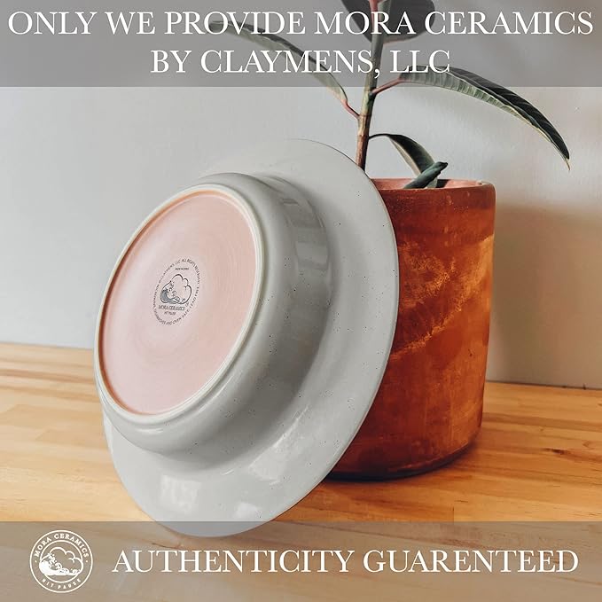 MORA Ceramic Wide Rimmed Soup Bowl 25oz, Set of 4 - For Pasta, Italian, Spaghetti, Dipping Bread, Fancy Dinner etc. Large Plate/Bowls Hybrid For Everyday & Restaurant Use, Large Flat Rim - Earl Grey