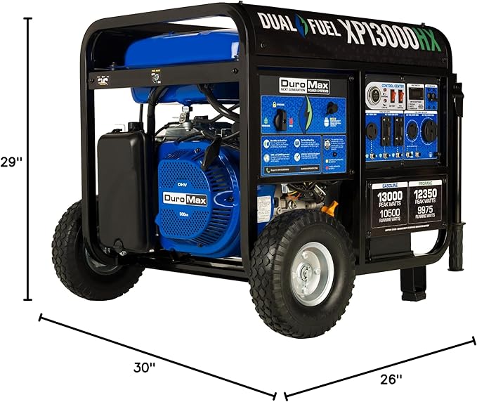 DuroMax XP13000HX 13,000-Watt Dual Fuel Portable Generator - Gas & Propane, Electric Start, Whole Home Power Backup, Transfer Switch Ready, RV & Emergency Ready