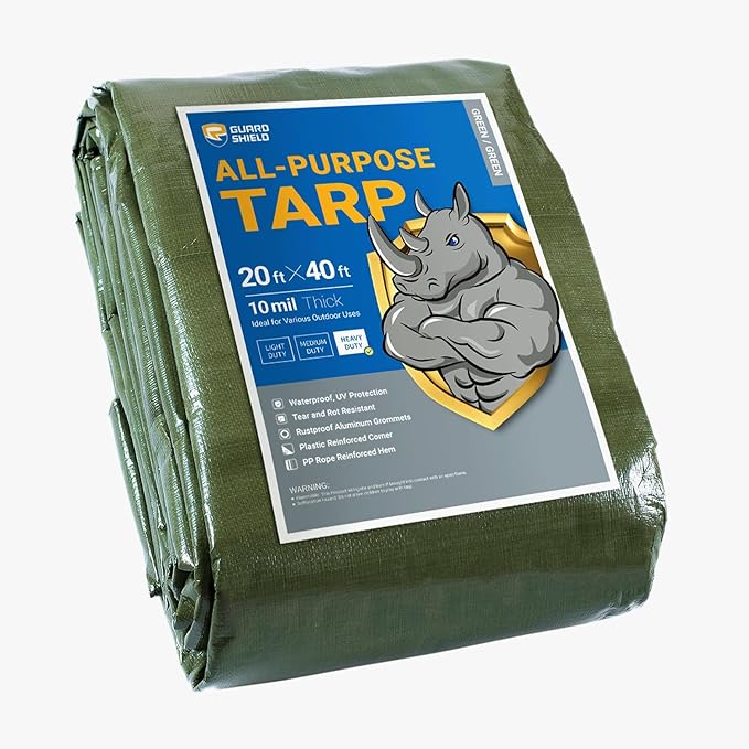 GUARD SHIELD Heavy Duty Tarp 20x40 Feet Green Multi Purpose Thick Waterproof Poly Tarp Cover 10mil