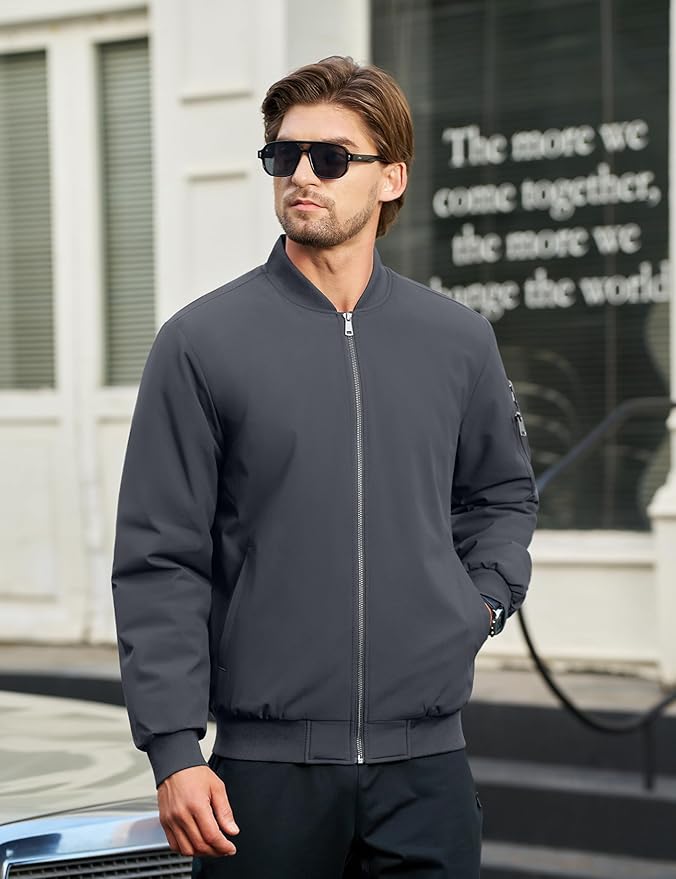 Cotrasen Mens Bomber Jacket Fall Winter Warm Windbreaker Casual Full Zip Padded Coats with Pockets