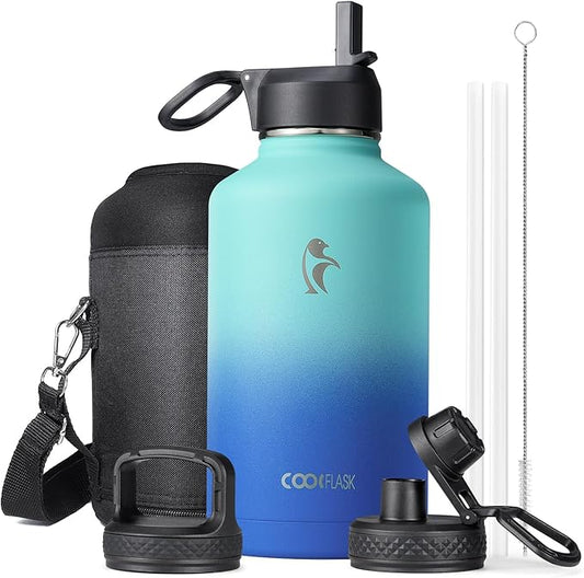Insulated Water Bottle 64 oz with Straw & 3 Lids, Coolflask Half Gallon Water Jug Large Metal Stainless Steel Wide Mouth for Sports, Gym or Office, Non-BPA Keep Cold 48H Hot 24H, Pacific Prince