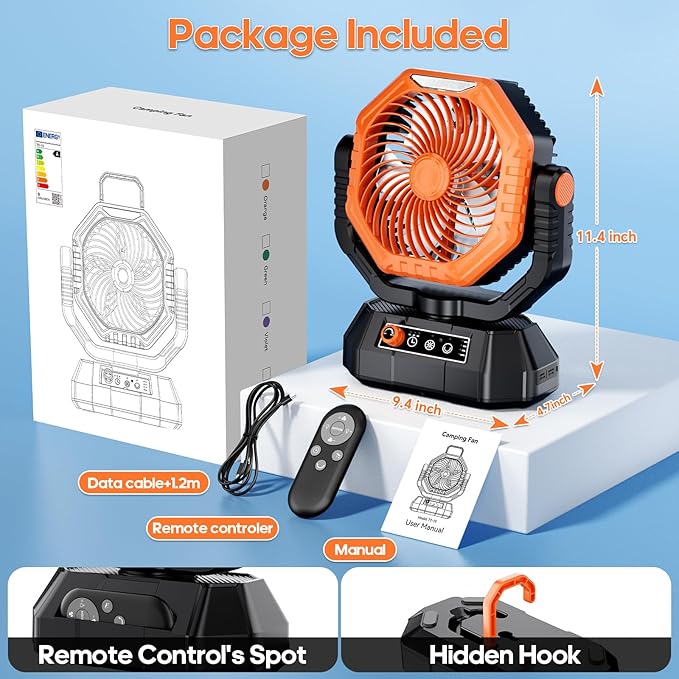 AJVV Camping Fan Rechargeable, Battery Powered Fan With Remote Controller, LED Light, Dual Motors, Stepless Speed, 45°/90°/270° Swing,Timer, Portable fan For Travel Tent Bedroom Beach Fishing, Orange