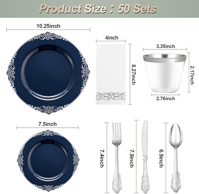 350PCS Navy Blue Plastic Plates for 50 Guests, Disposable Plates with Gold Trim include 50 Dinner and Dessert Plates, 150 Gold Silverware, 50 Cups, 50 Napkins for Party, Wedding & Graduation