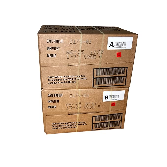 24 Military-Style MREs – Case A & B – Complete Meals with Flameless Heaters – Emergency Food Supply for Survival, Camping & Prepping – Long Shelf Life – All Menus Included