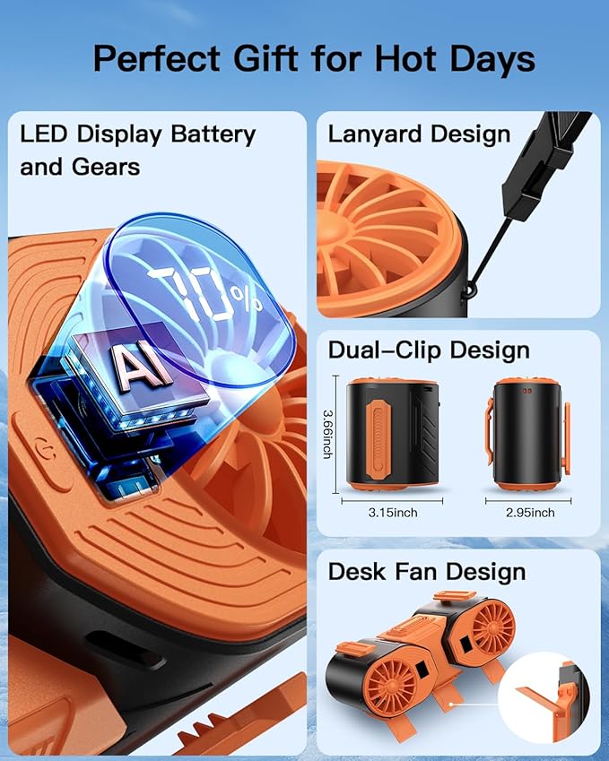 Andwing Portable Waist Fan Rechargeable, Detachable Dual Motors Personal Fans 5 Speeds 20000RPM Strong Airflow, 10000mAh 24H Runtime, Portable Neck Fan, Waist Belt Clip Fan (Black&Orange)