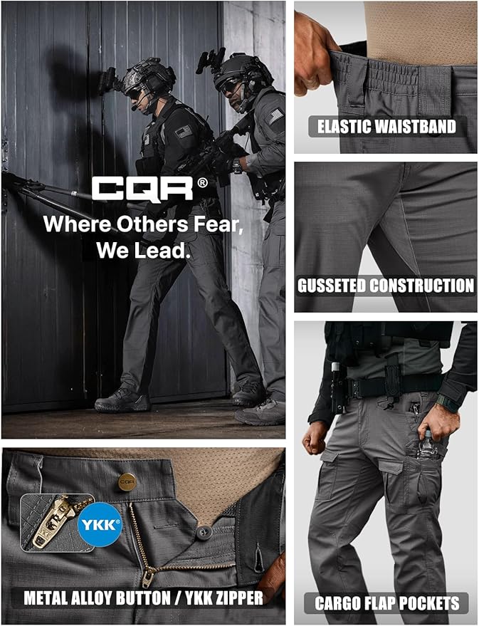 CQR Men's Flex Ripstop Tactical Pants, Water Resistant Stretch Cargo Pants, Lightweight EDC Hiking Work Pants