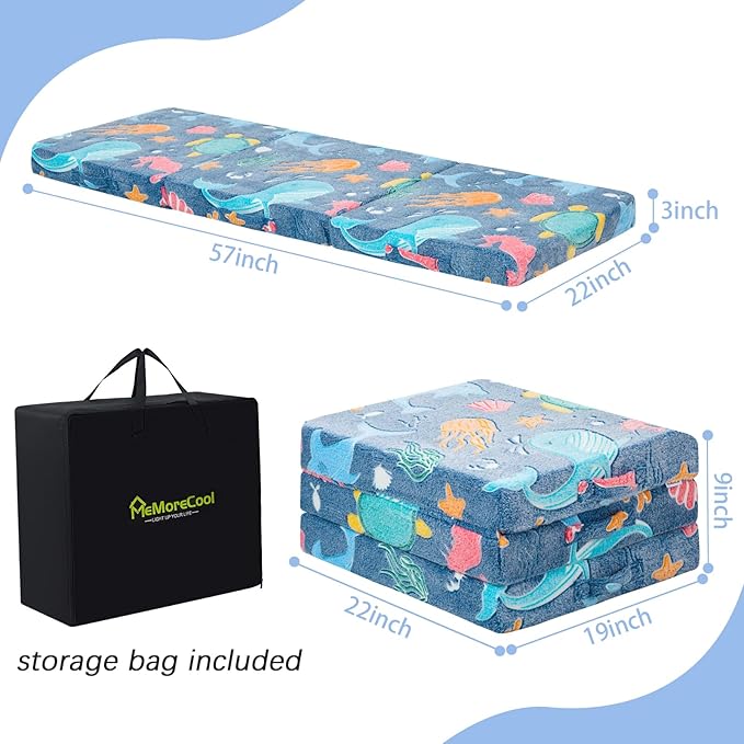 MeMoreCool Foldable Floor Mattress for Kids, Glow Toddlers Trifold Nap Mat, Kids Folding Mattress Portable Sleeping Futon for Daycare or Floor Bed, 57x22 Inch Blue