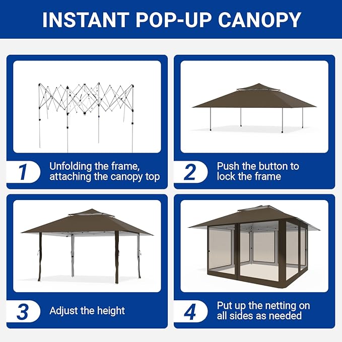 Favofamilie13x13 FT Pop Up Canopy, Instant Setup Gazebo with 4 Sidewall, Wheeled Carry Bag, 4 Sandbags & 4 Ropes, UV-Resistant Top, Heavy Duty Outdoor Shelter for Backyard Camping Events, Brown