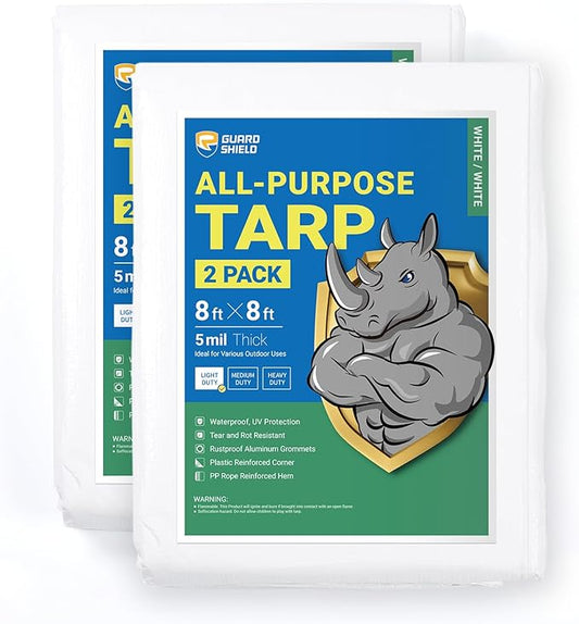 GUARD SHIELD Tarp White 8x8 Feet Multi Purpose Waterproof Poly Tarp Cover 5mil (2-Pack)