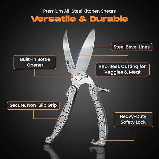 Poultry Shears Heavy Duty Professional, Kitchen Shears for Food, Kitchen Scissors Heavy Duty, Food & Meat Scissors, Dishwasher Safe Chicken Cutters. Spring Loaded, Silver