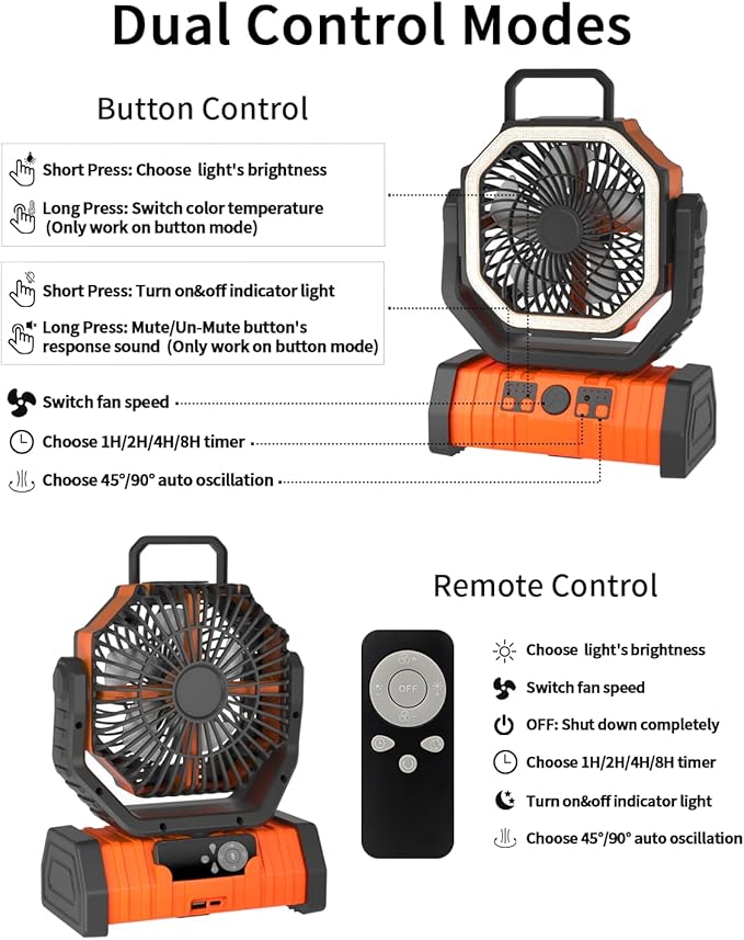 ADUST Camping Fan - 20000mAh Battery Powered Fan Battery Operated Rechargeable Portable Outdoor Tent Fans with Hanging Hook, Cordless, 4 Speeds, Remote Control - Orange