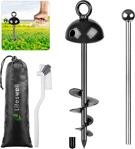 Heavy Duty 15" Dog Tie Out Stake, 360° Swivel, No Tangle, Easy Install, for Large Dogs up to 220lbs, Perfect for Yard, Camping, Beach (Black)