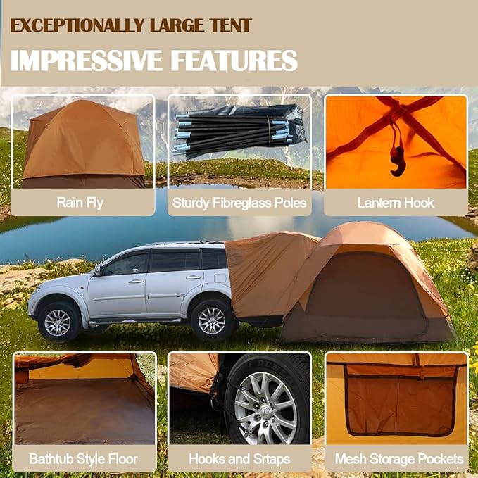 6-Person SUV Tent Attachment for Camping with 4 Full Meshed Door,Water Resistant Car Camping Tent with Rainfly and Carry Bag, Fits CUV's, SUV's, and Minivans, 10ft*10ft*6.9ft