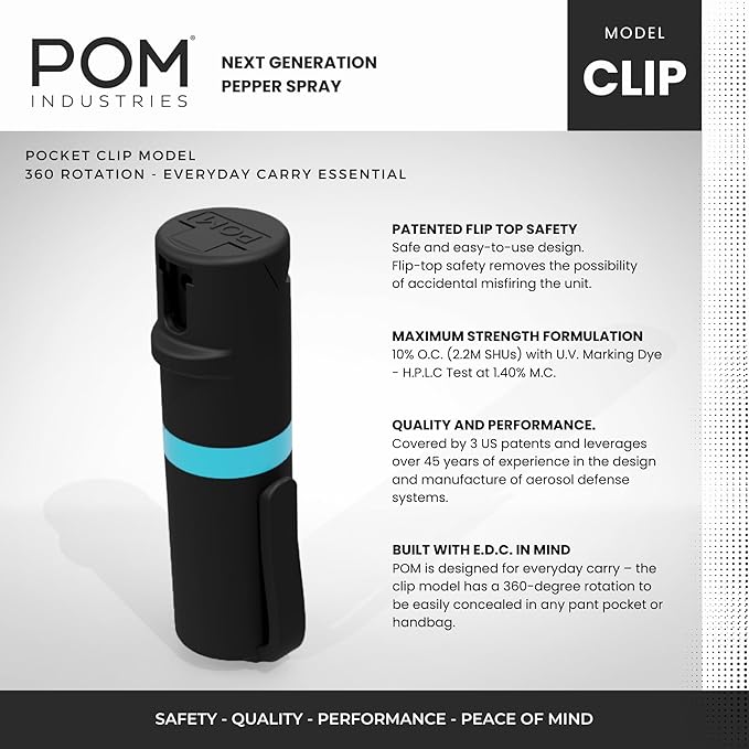 POM Pepper Spray Combo Pack Clip & Keychain - Maximum Strength OC Spray Self Defense- Tactical Compact & Safe Design - 25 Bursts & 10 ft Range - Stream Spray Pattern