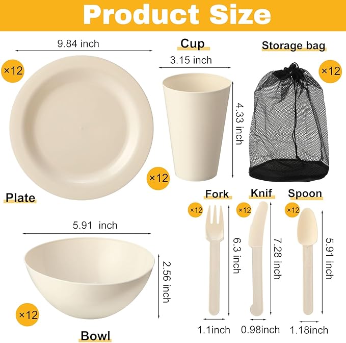 LemonRoad 12 Set College Dorm Dishes Essential Kit, Plates and Bowls Back to School Beige Room Dishes Set with Storage Mesh Bag Cup, Microwave Dinnerware Picnic for RV Camping