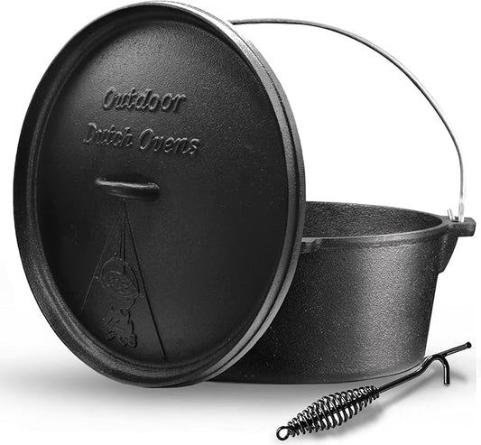 Camping Dutch Oven,12 Qt Pre-Seasoned Camping Cookware Pot with Lid - Lid Lifter, Cast Iron Dutch Oven with Metal Handle for Cooking BBQ Baking Campfire Modern Black
