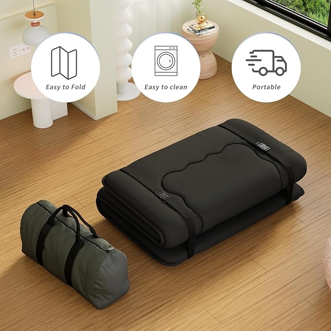 Japanese Futon Mattress, Foldable Tatami Mat Portable Dormitory Sleeping Pad with Bag & Strap, Floor Thicken Sleeping Roll up Camping Mattress (Black WS1, 60"X80")