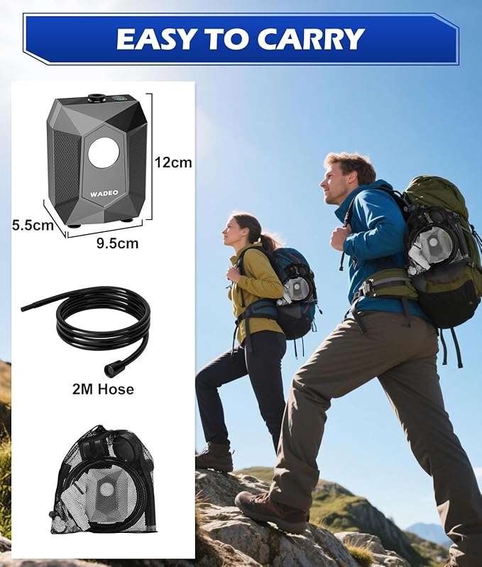 WADEO Portable Shower for Camping, 6000mAh Rechargeable Camping Shower Pump with Camping Light, 5 Pressure Levels, IPX8 Waterproof for Outdoor Camping, Travel, Car Washing, Pet Bathing