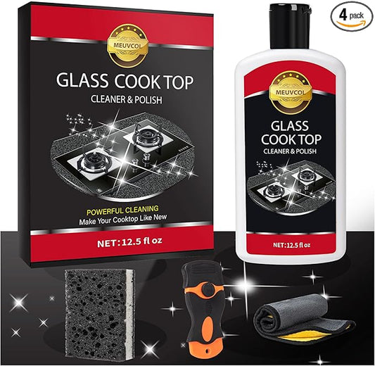 Glass Stove Top Cleaner Kit, 12 Oz Glass Cooktop Cleaner Non-Abrasive, Stove Oven Cleaner & Polish For Ceramic, Electric, Induction, Flat Top Stovetop, Gas - With Scrubbing Pad, Scraper, Cloth