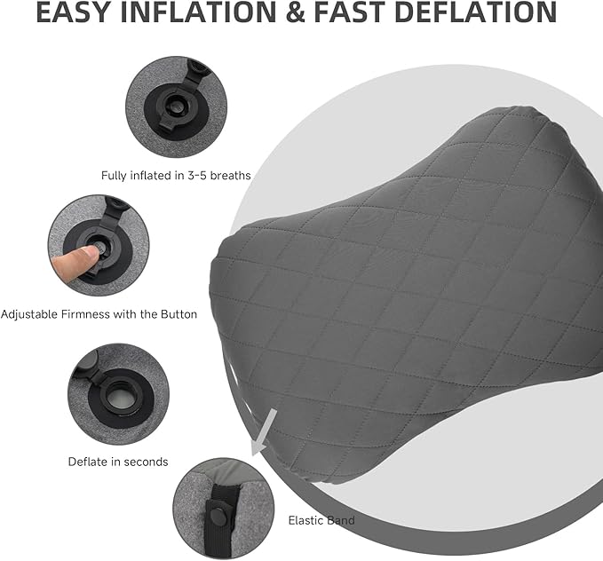 AIRSPIRIT Inflatable Camping Pillow Ultralight Adjustable Firmness, TPU Travel Pillow for Neck & Lumbar Support, Hiking, Backpacking, Airplane, Car Travel & Beach with Removable Washable Cover (Grey)