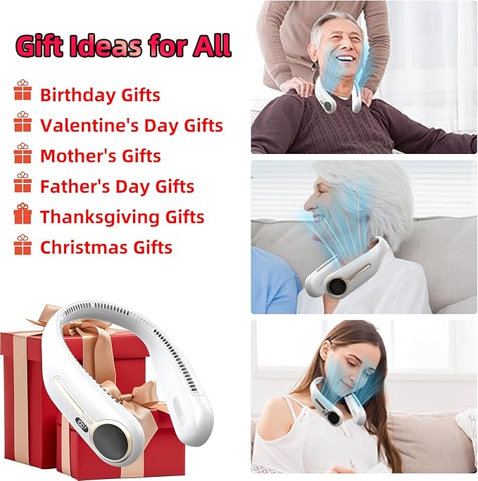 Portable Neck Fan,Gift Ideas,Personal Wearable Bladeless Fan,360° Cooling,LED Display,4-Speeds,6000mAh Rechargeable,Powerful Wind,Outdoor Travel Camping,Birthday Gifts for Men Women Dad Mom (White)
