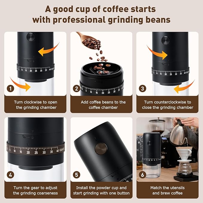 Portable Electric Burr Coffee Grinder with 40 Adjustable Settings, Conical burr coffee grinder, Coffee Bean Grinding Machine with Conical Burr Coffee Grinder 1800mAh Rechargeable for Travel, Home