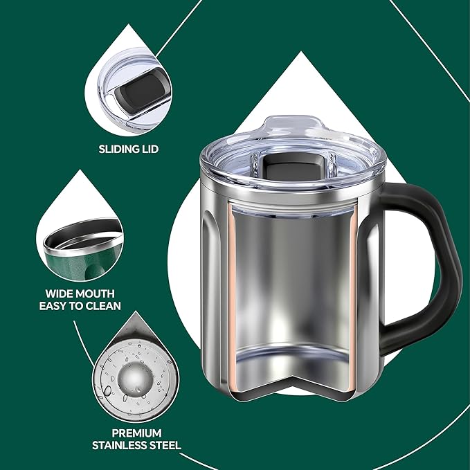 Ideus 16 oz Coffee Cup, Stainless Steel Coffee Travel Mug, Spill Proof Tea Mug with Handle and Lid, Lightweight and Durable, Great for Office Home and Outdoor Use, Deep Green