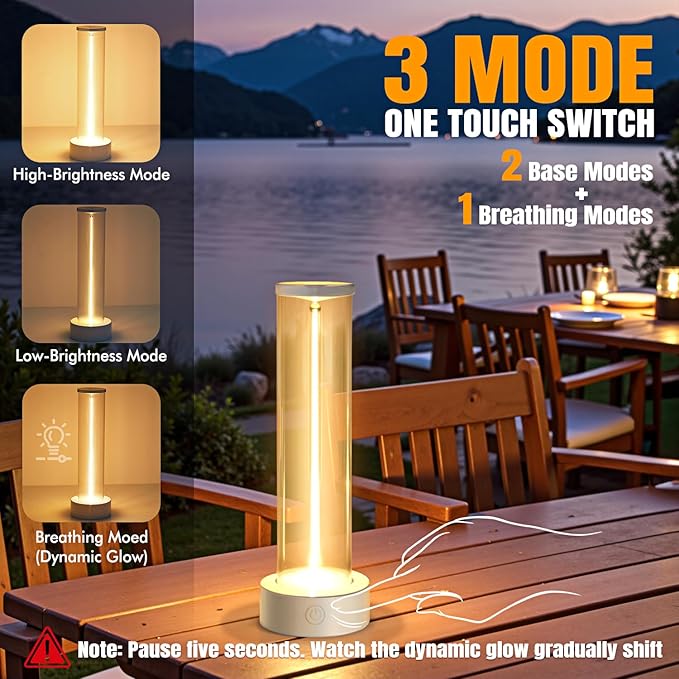 Cordless Indoor Outdoor Table Lamp Rechargeable,Waterproof IP54 with 3-Mode Touch Dim Warm Light Ambient,Portable Battery Powered Lamp for Bedside Reading,Patio Grill,Gazebo Party,Camping Tent