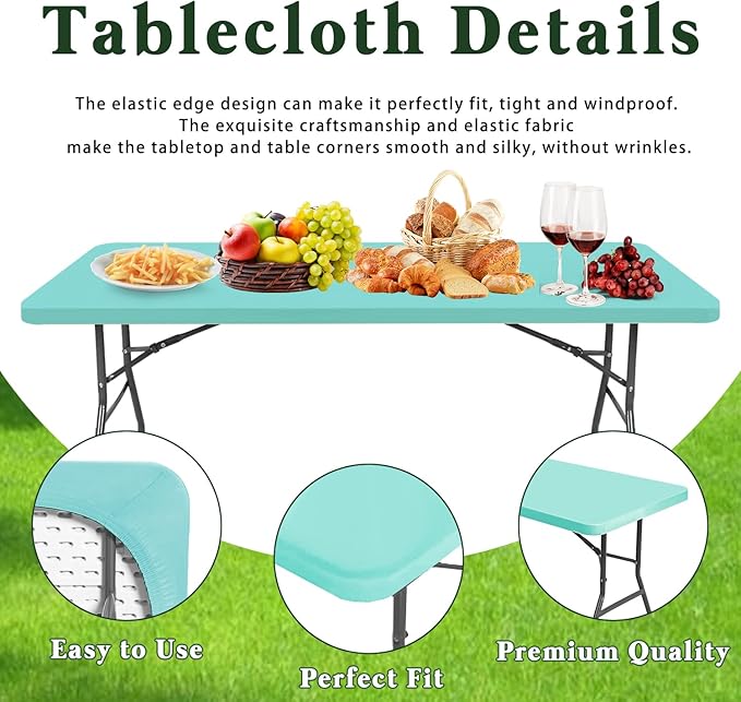 6 Pack Picnic Table Cover Elastic Fitted Tablecloths for 6 Foot Rectangle Tables Waterproof Stretch Washable Patio Folding Outdoor Spandex Tablecloth for Camping Banquet Parties (Aqua Blue,30" x 72")