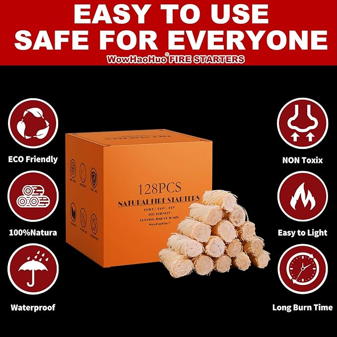 128Pcs Natural Fire Starters for Campfires, Fireplaces, Grills, BBQ & Smokers, Wood Stoves,Fire Pits,A Box of 128 pcs Firestarters