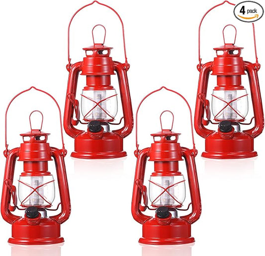 Hortsun 4 Pcs 8 Inch Vintage LED Hurricane Lantern Metal Red Outdoor Battery Operated Hanging Lantern with Warm LEDs and Dimmer Switch for Indoor Rustic Farmhouse Country Camping Decor