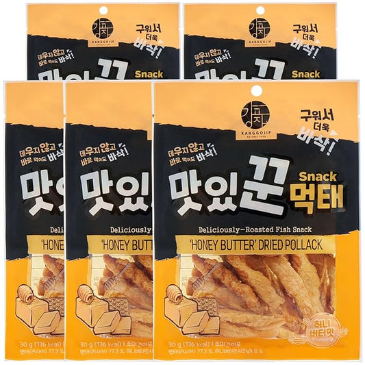 Kanggojip Korean Deliciously Roasted Dried Pollack Meoktae,먹태, Honey Butter Flavor Seasoning, Bite Sized, Ready to Eat, Great for Parties, Camping, Travel, or as a Snack or Bar Food_1.05oz (30g) x 5ea