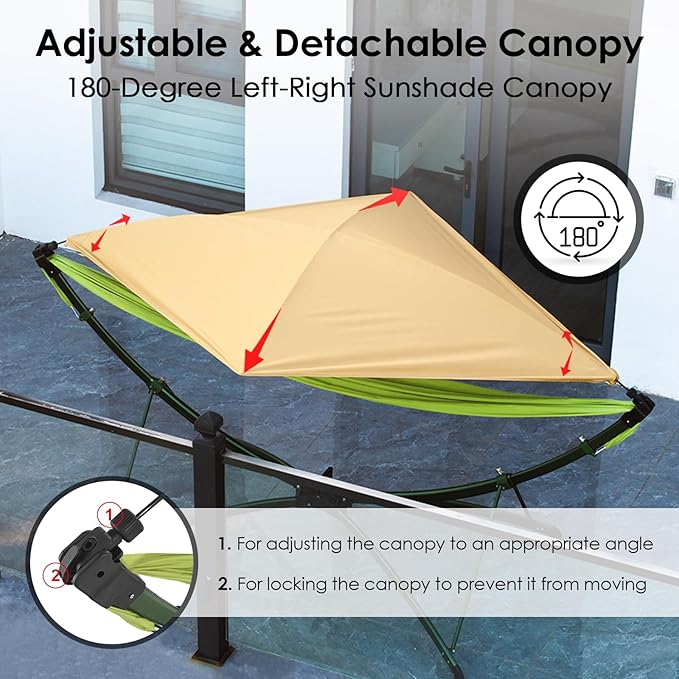 Portable Hammock with Quick Setup Folding Stand & Adjustable Sunshade Canopy & Storage Bag - Adult/Child Hammock Chair - Heavy Duty Hammock for Camping Home Garden Hotel Outside Beach Forest Grasslan