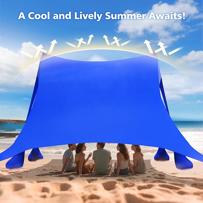 2PM SPORTS Beach Tent Canopy with UPF50+ UV Protection, Outdoor Large Beach Sun Shade Shelter for Family Picnic Camping Travel Shore Fishing, 8 Sandbags, Sand Shovel (Navy Blue, 10x10 FT)