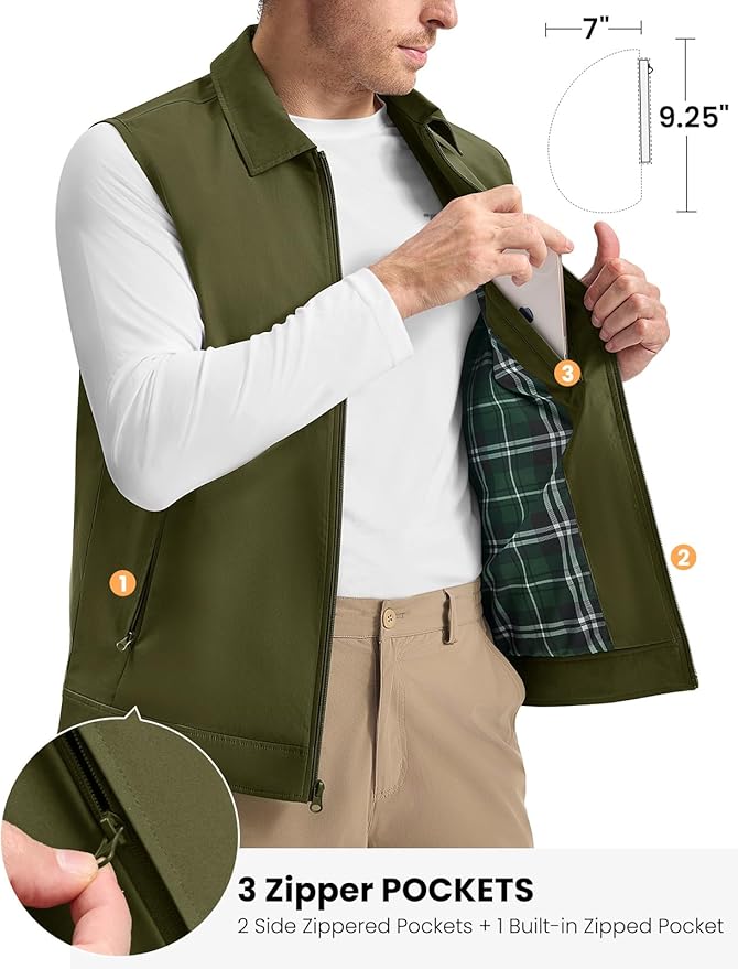 TBMPOY Men's Vest Casual Lightweight Thin Utility 3 Zip Pockets Stylish Sleeveless Jackets Summer Fall Golf Travel Business