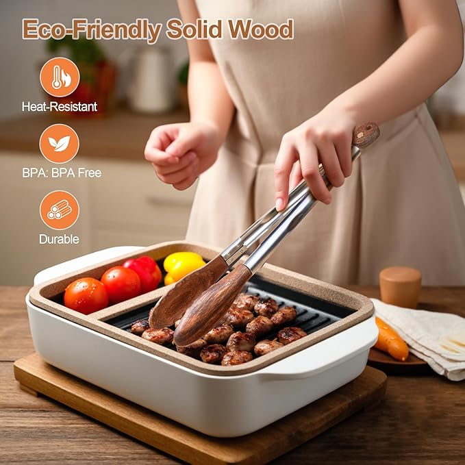 Wooden Kitchen Cooking Tongs 2 Pcs Food Tongs with Wood Tip 9 Inch 12 Inch Walnut Wooden Kitchen Tongs for Salad Tossing and Serving Food