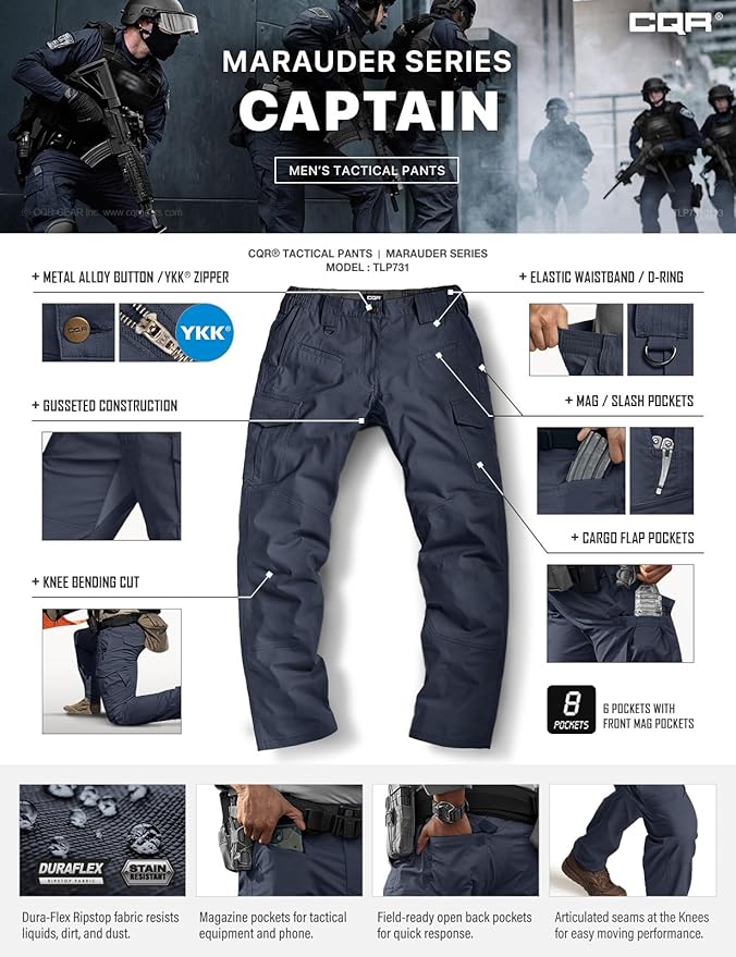 CQR Men's Flex Ripstop Tactical Pants, Water Resistant Stretch Cargo Pants, Lightweight EDC Hiking Work Pants